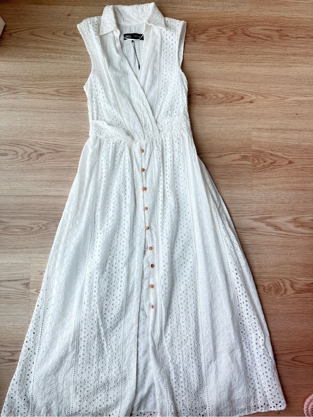 Zara White Eyelet Button-Down Collared Maxi Dress
